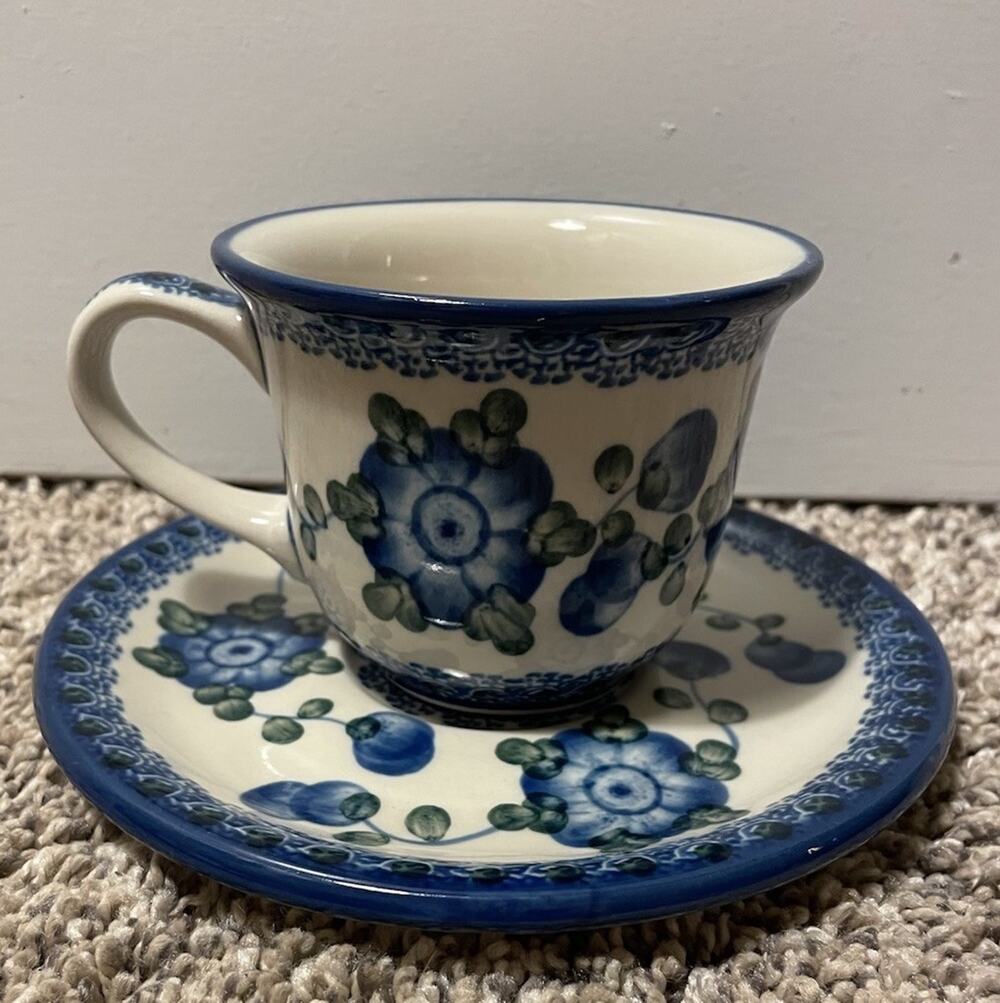 Boleslawiec Polish Pottery Blue Floral Tea Coffee Cup Saucer Poland